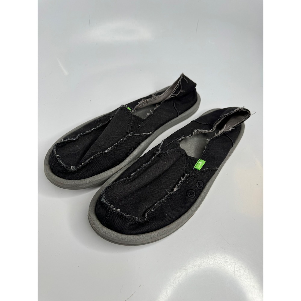 Sanuk Vagabond Slip On Mens 10 Black Good Frayed Canvas Sidewalk Surfer Loafers
